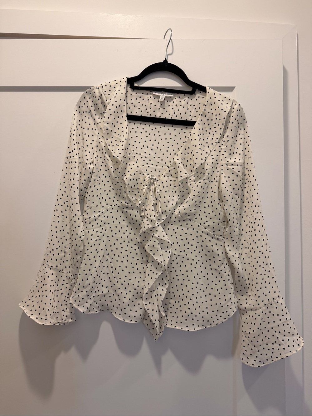Tie-Front Ruffle Polka Dot Blouse - White/Black